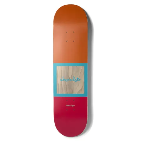 Chocolate Capps OG Square skateboard deck: Colour-blocked deck with an orange top, red bottom and a turquoise square in the middle that frames bare wood showing the turquoise Chocolate logo. Rider signature in small gold lettering below.