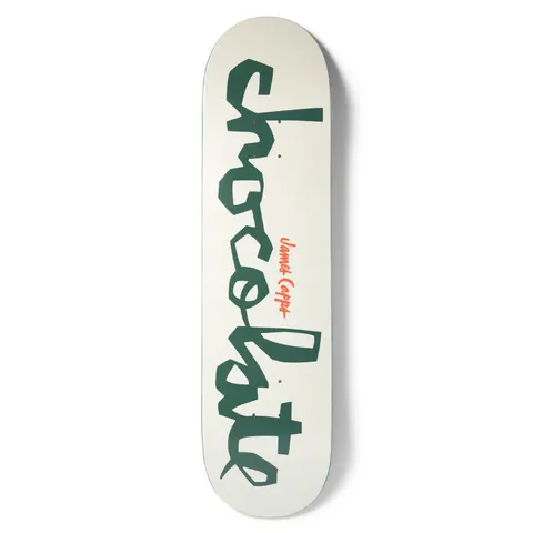 Chocolate Capps Original Chunk skateboard deck: Large dark green hand-cut Chocolate chunk lettering running down a cream deck, with a small orange signature style name reading James Capps in the middle.