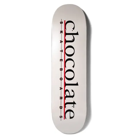 Chocolate Herrera Bar Logo skateboard deck: A white board with the word chocolate in large black serif lowercase running up the board, a red line beneath it and spaced SKATEBOARDS lettering beneath the line.