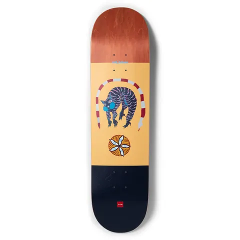 Chocolate Herrera Dog Perfume Pop Secret skateboard deck: Folk-art style illustration of a striped blue-purple animal in sunglasses leaping under an arched red and white snake, with a petal-patterned medallion below. Peach panel between a wood-stained top and navy tail, small Chocolate logo.