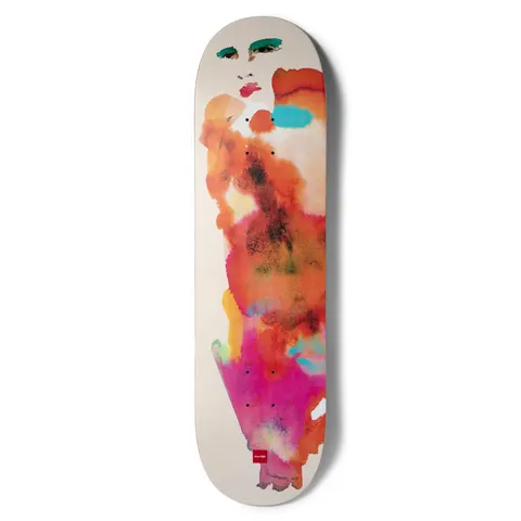 Chocolate Herrera Dream Beach skateboard deck: Loose watercolour of a woman's figure with green eye shadow and red lips at the top, her body dissolving into orange, pink, yellow and turquoise washes on a cream deck. A small red logo sits at the bottom.