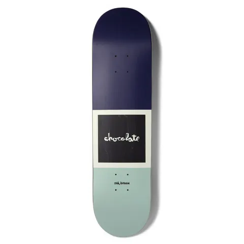 Chocolate Herrera OG Square skateboard deck: A colour-block deck with a navy top, cream-bordered black square holding the Chocolate logo in cream script, and a pale mint-green bottom. Small rider name below.