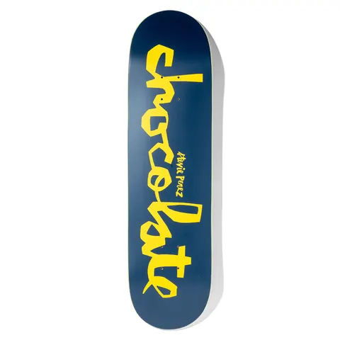 Chocolate Perez Original Chunk Pop Secret skateboard deck: Large yellow Chocolate logo in chunky hand-cut letters running the length of a navy deck, with the rider's name in small yellow handwriting beside it.