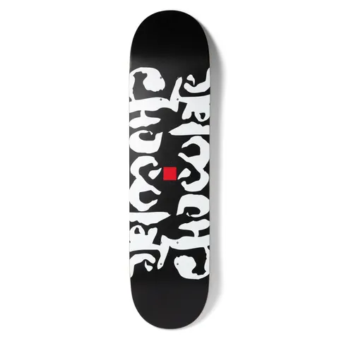 Chocolate Roberts Ink Blot Twin Tip skateboard deck: Mirrored white ink-blot shapes forming symmetrical abstract patterns up the middle of a black deck, with a small red Chocolate square at the centre.