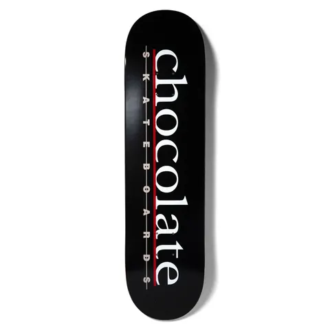 Chocolate Alvarez Bar Logo skateboard deck: Large white serif chocolate lettering running down a black deck, with spaced-out grey skateboards beneath it and a red rule line between.