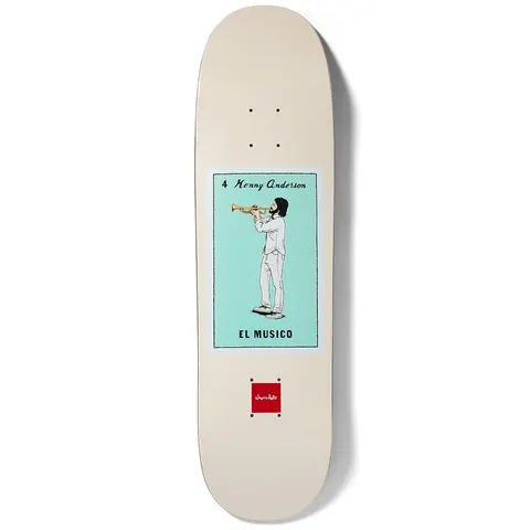 Chocolate Anderson Loteria skateboard deck: A Loteria-style card on a cream deck showing a bearded man in white clothes playing a trumpet against a mint green background. Card number and name above, caption below, small red Chocolate logo near the tail.