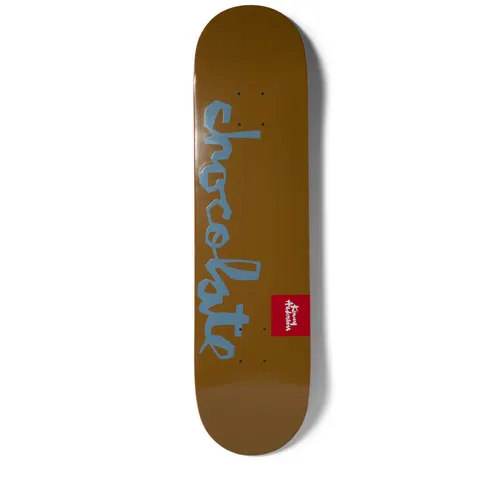 Chocolate Anderson OG Chunk skateboard deck: Plain brown deck with the large pale blue brush-script Chocolate logo down its length and a small red square name label on the right.