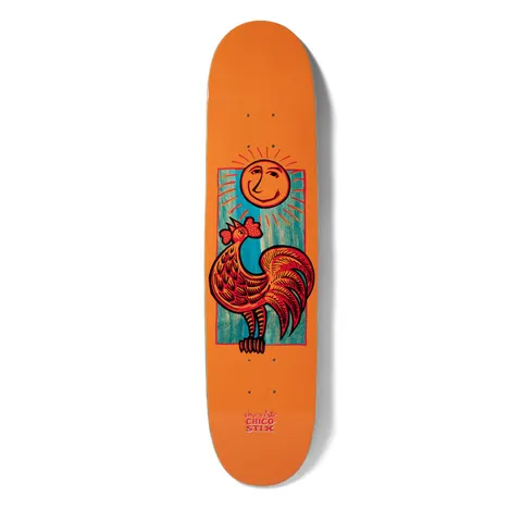 Chocolate Newks Hot Sauce x Brenes Nicaraguan Sunrise Bundle skateboard deck: A folk-art style red and black rooster crowing beneath a smiling sun with rays, in a teal panel on an orange deck. Chocolate and Chico Brenes names at the tail.