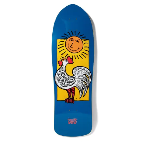 Chocolate Brenes Retro skateboard deck: Blue old-school shaped deck with a smiling sun with rays above a white rooster with red comb and legs, set on a yellow rectangle. Chocolate and Chico Stix logos at the tail.