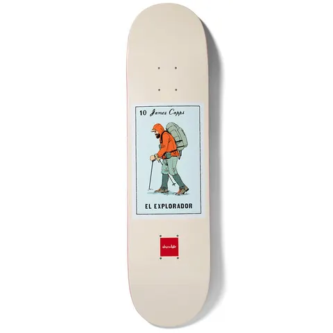 Chocolate Capps Loteria skateboard deck: A Loteria-style card on a cream deck showing a bearded hiker in an orange jacket with a large backpack and walking poles. The card is numbered and captioned, with a small red Chocolate logo below.