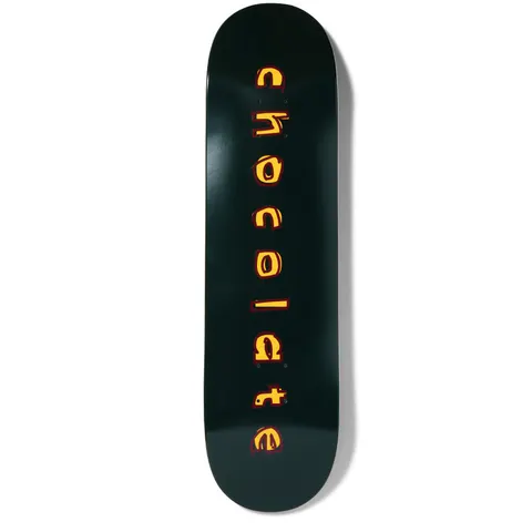 Crailtap Herrera Comic skateboard deck: Dark green deck with the word chocolate in rough, wobbly yellow letters with red shadows, stacked vertically down the centre.