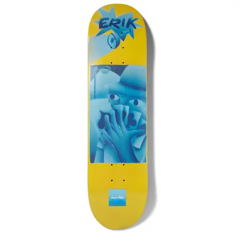 Chocolate Herrera JPs World skateboard deck: Blue airbrushed image of a figure in a bowler hat peeking over a hand of playing cards, in a framed panel on a yellow deck, with a megaphone and 'Erik' in blue starburst lettering at the top and a small Chocolate square logo at the tail.