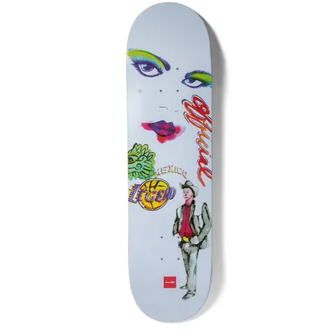 Chocolate Perez Art Official skateboard deck: A collage of painted elements on a pale blue-grey deck: a woman's eyes with green eyeshadow and pink lips, red script lettering, a green Aztec-style head, a Lakers-style basketball logo and a watercolour cowboy figure.