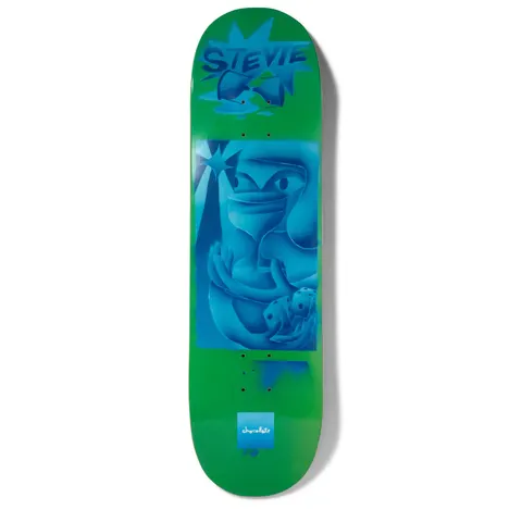 Chocolate Perez JPs World skateboard deck: Airbrushed blue stencil-style artwork of a stylised face holding an hourglass and dice, on a bright green deck. Spiky starburst behind hand-lettered STEVIE at the nose; small Chocolate square logo at the tail.