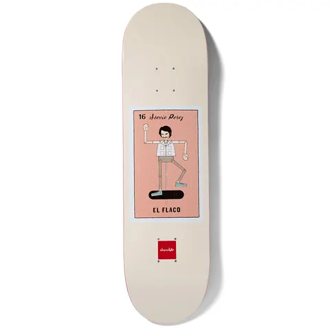 Chocolate Perez Loteria skateboard deck: A Loteria-style card on a cream deck showing a moustached man in a light shirt balancing on one leg on a skateboard on a salmon pink panel. The card is numbered and captioned, with a small red Chocolate logo below.