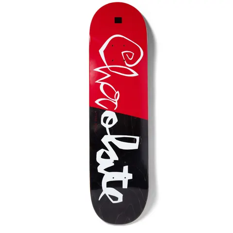 Chocolate Perez Scrunk skateboard deck: Chocolate logo in handwritten white lettering, split diagonally across the deck between a red top and black bottom, with a small black square at the top and tiny red name text.