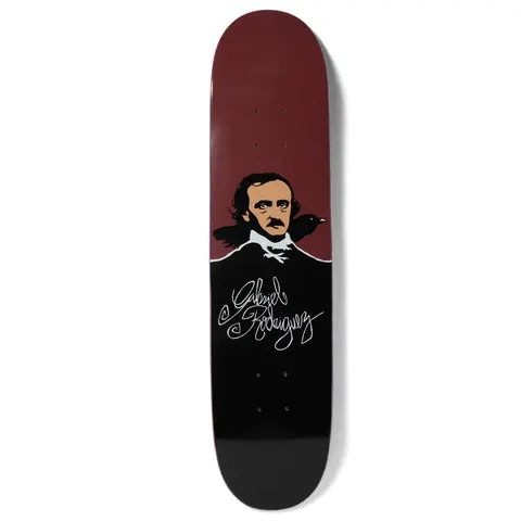 Chocolate Rodriguez Poe 8.25 skateboard deck: Flat illustration of a dark-haired, moustached man in a black coat with a raven perched on his shoulder, on a maroon top fading to a black lower half. Script name signature below.