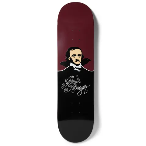 Chocolate Rodriguez Poe skateboard deck: A stylised portrait of a moustached man in a black coat with a raven on his shoulder, set against a maroon upper half and black lower half, with the rider's signature in white script.