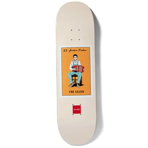 Chocolate Trahan Loteria skateboard deck: Cream deck with a Lotería-style card: a man in dungarees playing a red accordion on a stool, set on an orange panel. The card is numbered 23 and captioned The Cajun, with a small red Chocolate logo below.
