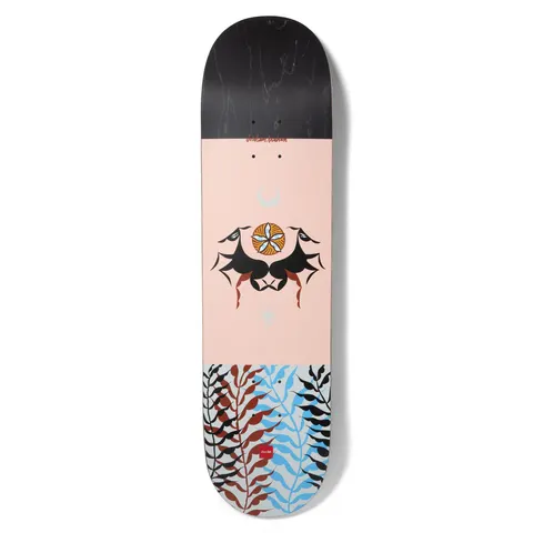 Chocolate Trahan Dog Perfume skateboard deck: Black-topped deck with a peach centre featuring two stylised black animals nose to nose beneath a flower emblem, moon and star, and a tail of black, red and blue leaf fronds.