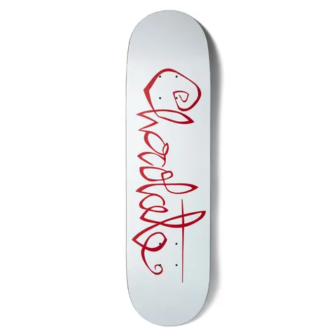 Chocolate Trahan OG Script skateboard deck: White deck with the Chocolate name in large looping red hand-drawn script running down the length of the board.