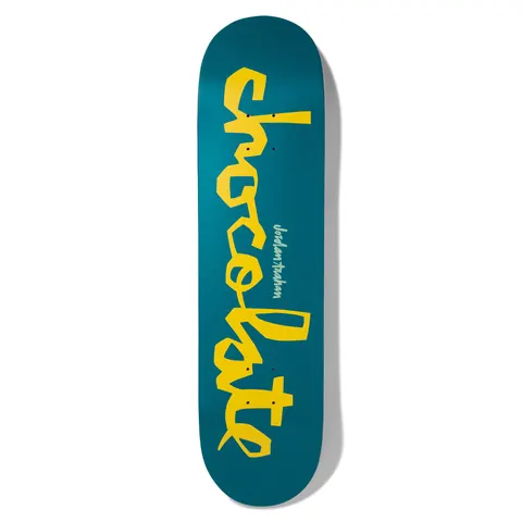 Chocolate Trahan Original Chunk Pop Secret skateboard deck: Yellow chunky Chocolate logo lettering running down a teal deck, with the rider name in small pale text beside it.