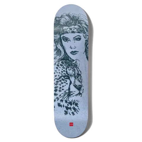 Chocolate Trahan San Choco skateboard deck: Pixelated, halftone-style line portrait of a woman with wavy hair and a leopard-print headband, with a leopard or cheetah in front of her, printed in dark green on pale blue-grey. A small red Chocolate label sits at the tail.