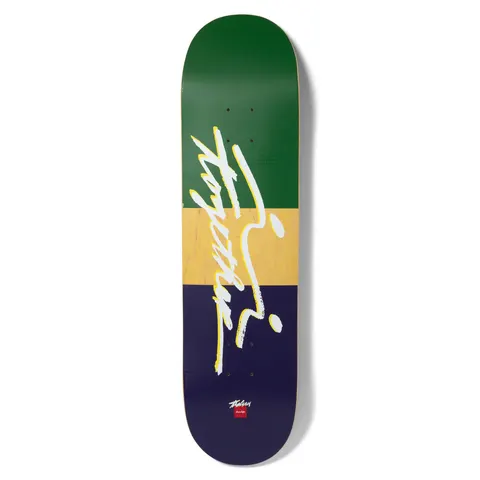 Chocolate Trahan Together skateboard deck: Large white handwritten script reading Together with a yellow shadow, running diagonally across a three-band deck of green, natural wood and navy. A small red Chocolate label and signature sit at the tail.
