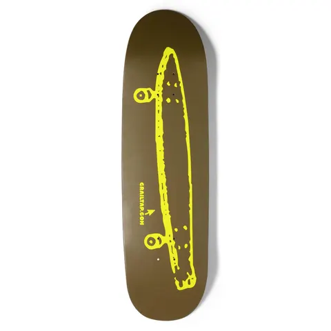 Crailtap Burnt Neon Phawt skateboard deck: Plain olive-brown deck with a rough yellow outline drawing of a long cruiser-style skateboard seen from the side, with two wheels at either end. Small yellow crailtap.com text with an arrow sits at the lower left.