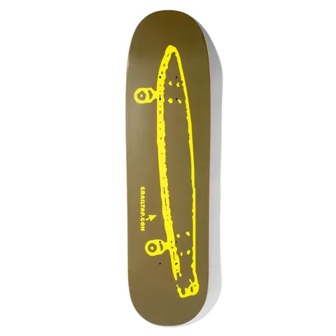 Crailtap Burnt Neon Skidul skateboard deck: Plain olive-brown deck with a rough yellow line drawing of a long skateboard seen from the side, showing its trucks and wheels. Small yellow CRAILTAP.COM lettering with an arrow sits beneath.