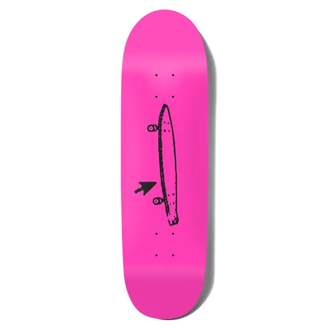 Crailtap Crail Logo Cruiser Loveseat Plus skateboard deck: Plain neon pink deck with a rough black sketch of a longboard seen from the side and a black mouse cursor arrow beside it.