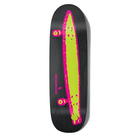 Crailtap Hotrod Cruiser Couch skateboard deck: Crude sketch of a long skateboard in lime green outlined in hot pink, with two wheel trucks sticking out the sides, on a black stained deck, with a small arrow and website address.