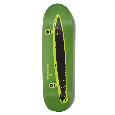 Crailtap Hotrod Cruiser Loveseat Plus skateboard deck: A rough black silhouette of a long cruiser board with outlined lime edge and two cartoon eyed trucks, with 'CRAILTAP.COM' and a small arrow, on a green deck.