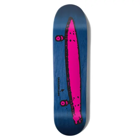 Crailtap Hotrod Cruiser Skidul skateboard deck: Blue-stained deck with a large crude hot pink drawing of a longboard with wheels, outlined in black and lengthways down the middle. Crailtap.com is printed beside it with a small arrow.