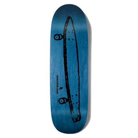 Crailtap Midday Rainbow Couch skateboard deck: Crude black hand-drawn side view of a skateboard with two wheels, printed over a blue-stained wood veneer on a shaped, wide-nose deck. Small arrow points to web address text.