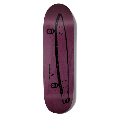 Crailtap Midday Rainbow Loveseat skateboard deck: Rough black print of a side-on skateboard or longboard with two trucks drawn crudely down the length of a purple-stained wooden deck, with the website address and a small arrow beside it.