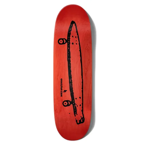 Crailtap Midday Rainbow Phawt skateboard deck: A rough black hand-drawn side view of a longboard with two wheels, printed on a red-stained wood veneer, with a small arrow pointing to the web address.