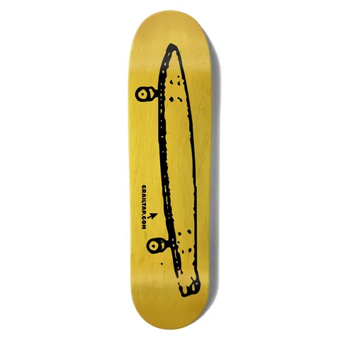 Crailtap Midday Rainbow Skidul skateboard deck: Black line drawing of a long rough skateboard side-on with two wheels, over a yellow stained deck, with CRAILTAP.COM and an arrow pointing at it.