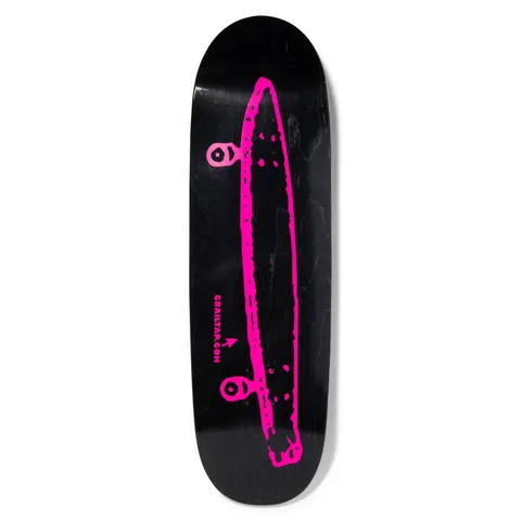 Crailtap Neon Nights Couch skateboard deck: A hand-drawn neon pink outline of a long, narrow couch or sofa seen from above, with two round side lamps or armrests, on a black stained deck. Small pink Crailtap.com text with an arrow sits below.
