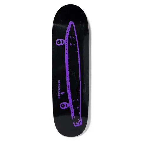 Crailtap Neon Nights Loveseat skateboard deck: Black deck with a rough purple outline drawing of a pintail longboard with two trucks seen side-on, above a small arrow and the text CRAILTAP.COM.