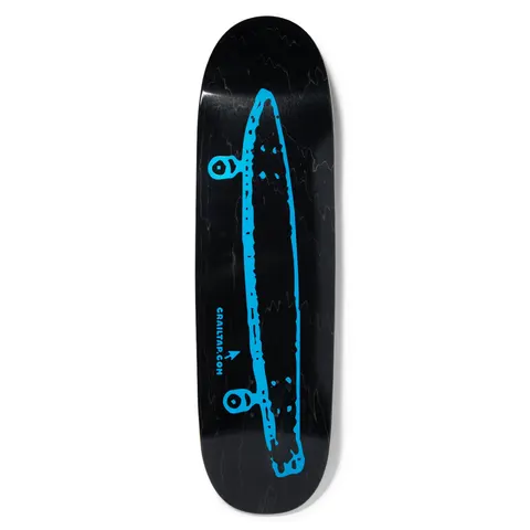 Crailtap Neon Nights Phawt skateboard deck: Bright blue hand-drawn outline of a pintail longboard with trucks, seen from the side, on a black stained deck, with 'CRAILTAP.COM' and a small arrow near the bottom.