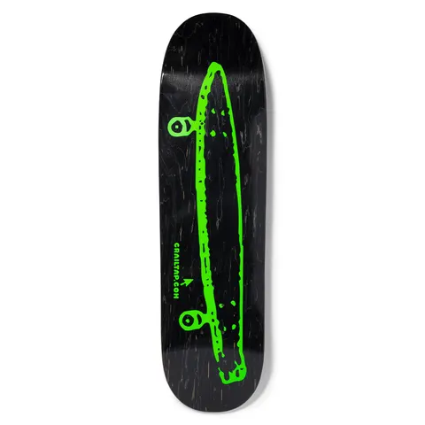 Crailtap Neon Nights Skidul skateboard deck: Neon green outline drawing of a long cruiser-style skateboard with wheels, on a black stained wood deck. Small green Crailtap.com text with an arrow near the bottom.