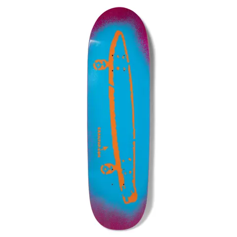 Crailtap Overspray Loveseat skateboard deck: Shaped deck with a sprayed cyan centre fading to magenta edges, bearing a crude orange stencil of a longboard with trucks seen from above and a small web address with an arrow beside it.