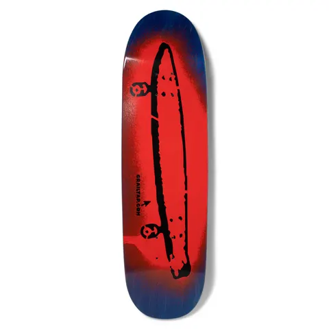 Crailtap Overspray Phawt skateboard deck: Deck sprayed red in the middle fading to navy blue at the edges, with a black stencilled outline of a long, narrow board with trucks, a small Crailtap.com logo and arrow beside it.