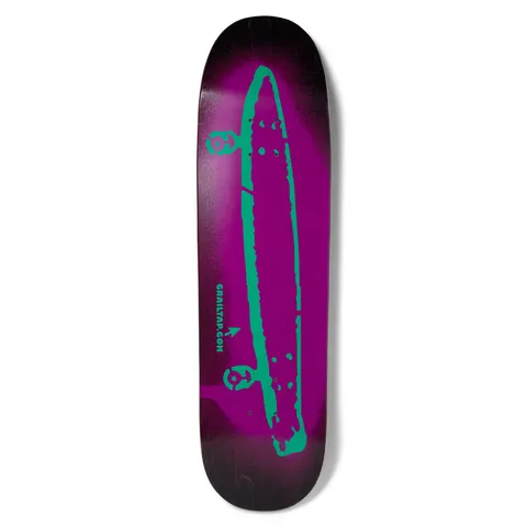 Crailtap Overspray Skidul skateboard deck: A rough, hand-drawn teal outline of a long skateboard-like board with two small figures at its ends, sprayed over a purple airbrushed glow on a dark ground. Small text and an arrow sit near the bottom.