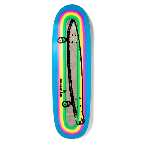 Crailtap Spraynbow Couch skateboard deck: Rough black-outline drawing of a skateboard seen side-on, with a Crailtap.com web address and an arrow, inside concentric airbrushed rainbow rings of yellow, green, pink and blue on a rounded shaped deck.