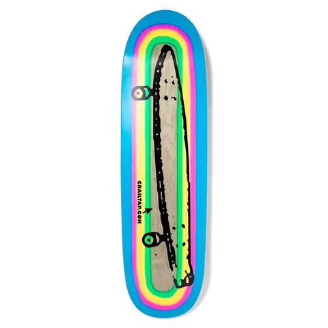 Crailtap Spraynbow Loveseat skateboard deck: Rounded-nose deck with concentric rainbow bands in blue, pink, yellow and green around a bare wood centre holding a black hand-drawn side view of a skateboard, with the text CRAILTAP.COM and an arrow.