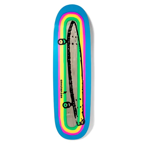 Crailtap Spraynbow Phawt skateboard deck: A rough black drawing of a skateboard seen from the side, with big round wheels, on a rainbow-gradient stripe fade of yellow, green, pink and blue. Small 'crailtap.com' text with an arrow beside it. Shaped deck with round nose.