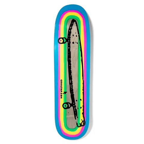 Crailtap Spraynbow Skidul skateboard deck: Black hand-drawn outline of a skateboard seen from the side, with two wheels, over natural bare wood. Concentric airbrushed rainbow bands of yellow, green, pink and blue surround it, with small crailtap.com text and an arrow.