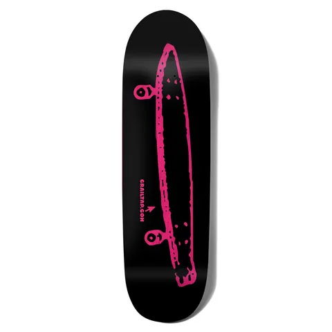 Crailtap Stinky Pink Black Loveseat skateboard deck: Crude hot-pink drawing of a longboard-style skateboard seen from the side with wheels, over a web address, on a black deck.